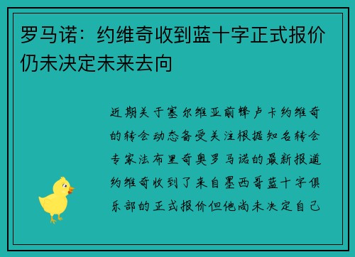 罗马诺：约维奇收到蓝十字正式报价仍未决定未来去向
