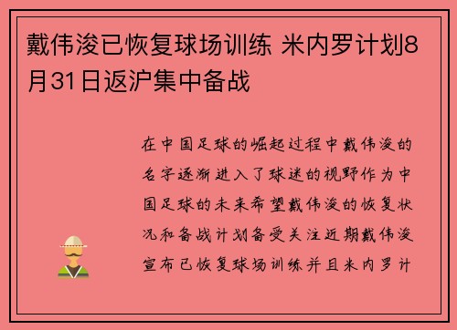 戴伟浚已恢复球场训练 米内罗计划8月31日返沪集中备战