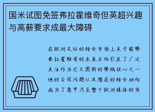 国米试图免签弗拉霍维奇但英超兴趣与高薪要求成最大障碍